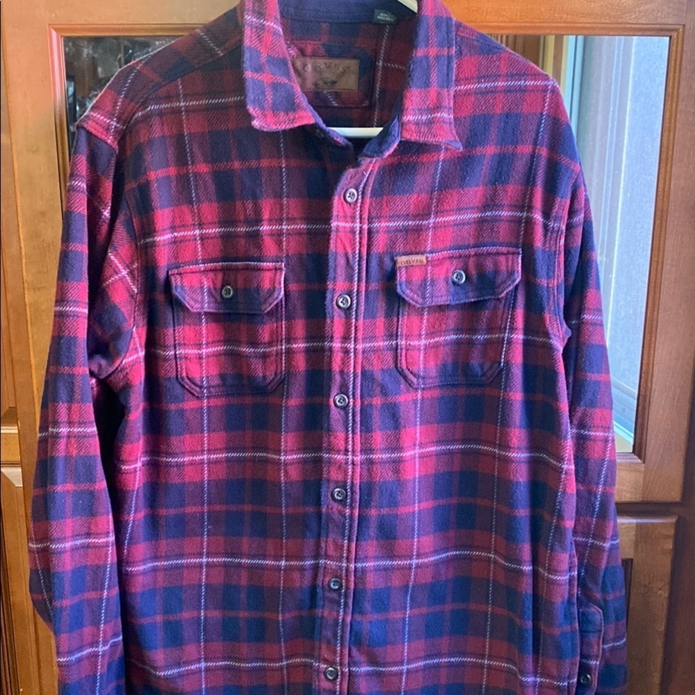 Orvis Red and Navy Plaid Shacket Spring Fall Comfy Outdoor Camping